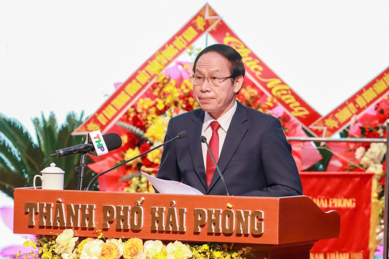 Ông Lê Tiến Châu, Ủy viên Trung ương Đảng, Bí thư Thành uỷ Hải Phòng phát biểu tại Đại hội.