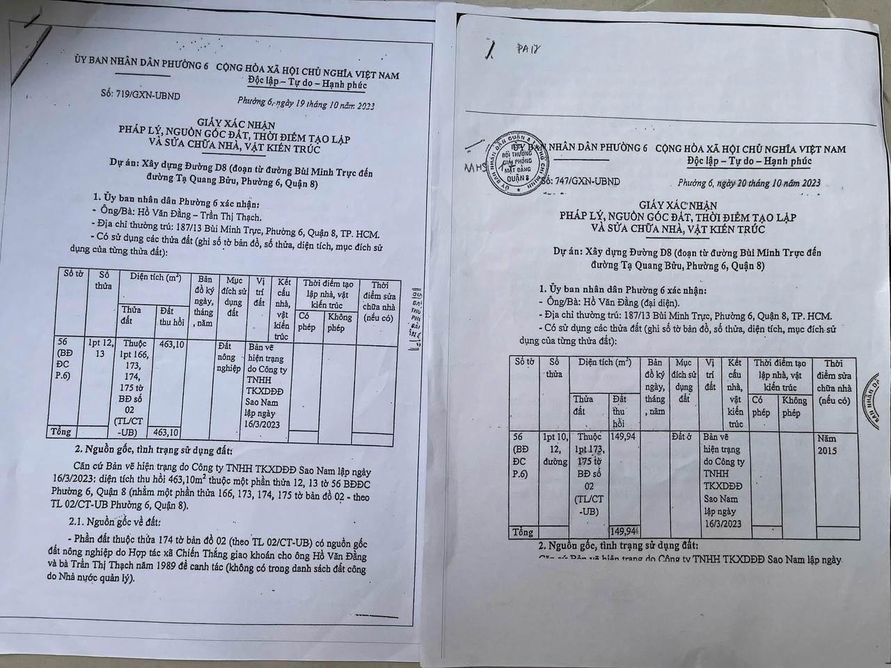 Xác nhận nguồn gốc đất của UBND phường 6. (Ảnh trong bài: H.P.Thảo)