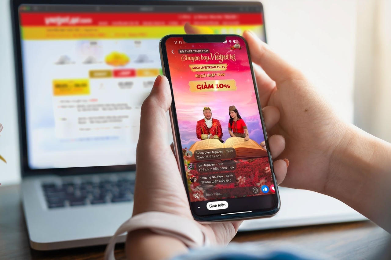 Không gian thần thoại của Mega Livestream “Chuyện bay Vietjet kể”, nơi hành khách có thể săn vé 0 đồng và hàng ngàn ưu đãi độc quyền trên các nền tảng của Vietjet.