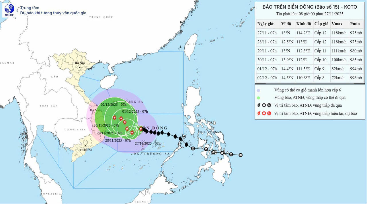 Dự báo ảnh hưởng và hướng đi của bão số 15. (Ảnh: Trung tâm dự báo KTTV Quốc gia)
