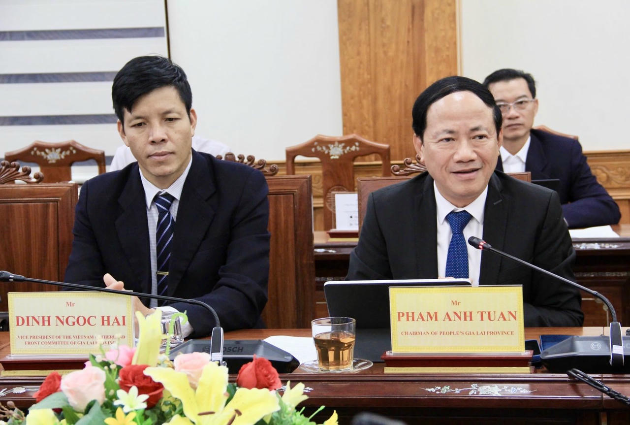 Chủ tịch UBND tỉnh Gia Lai Phạm Anh Tuấn (phải) phát biểu tại buổi làm việc.