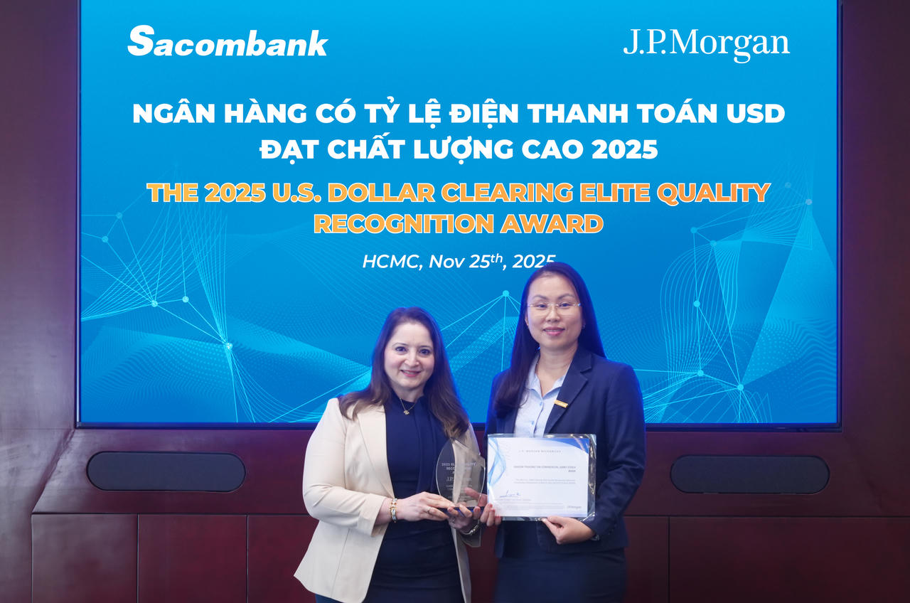 Sacombank nhận giải thưởng từ J.P. Morgan – khẳng định năng lực xử lý điện thanh toán quốc tế hàng đầu tại Việt Nam