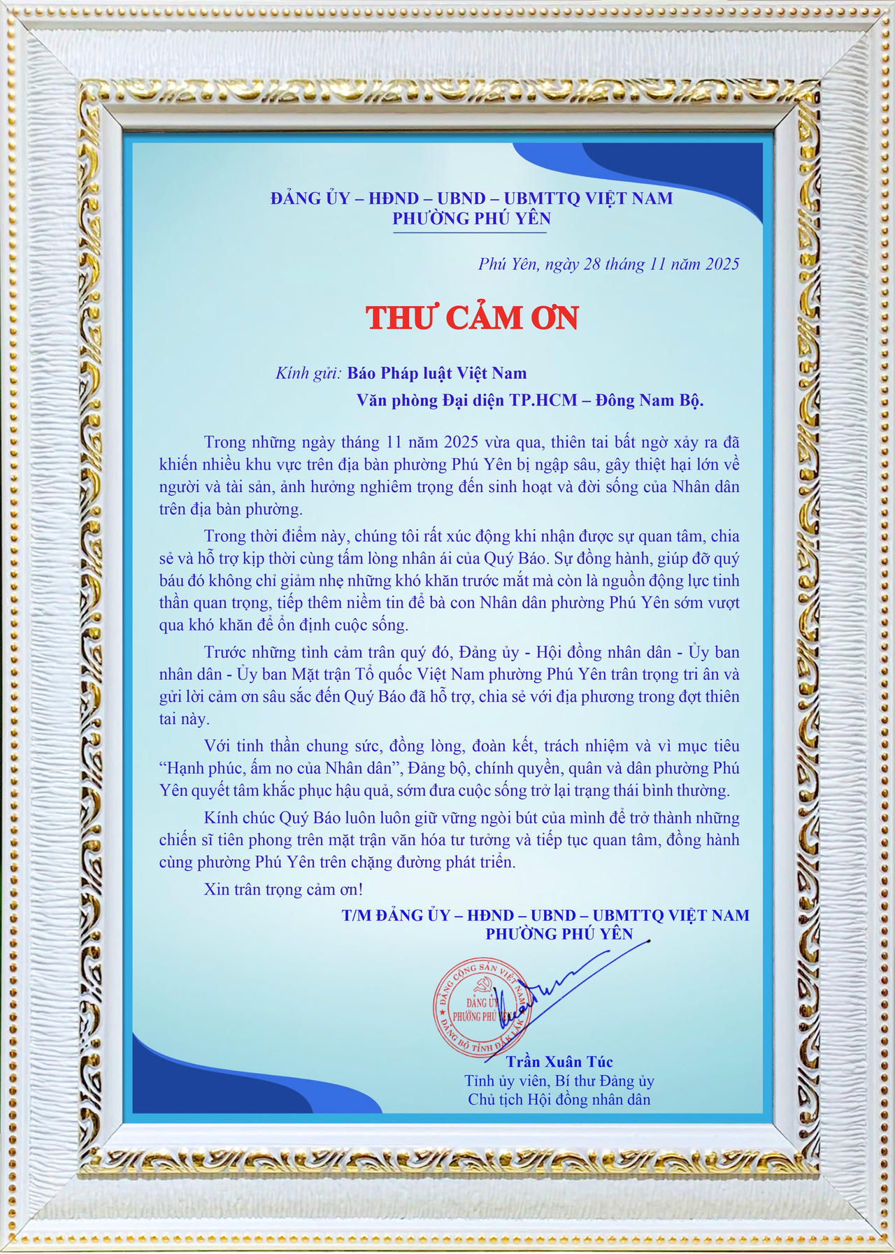 Thư cảm ơn Báo Pháp luật Việt Nam của phường Phú Yên.