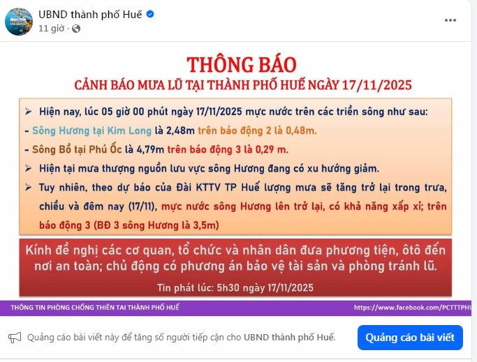 Trang Fanpage UBND thành phố Huế thường xuyên cập nhật các thông tin cảnh báo mưa lũ