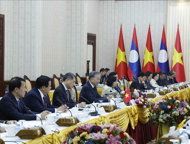 Tổng Bí thư Tô Lâm phát biểu tại cuộc hội kiến Thủ tướng Lào Sonexay Siphandone. Ảnh: Thống Nhất/TTXVN