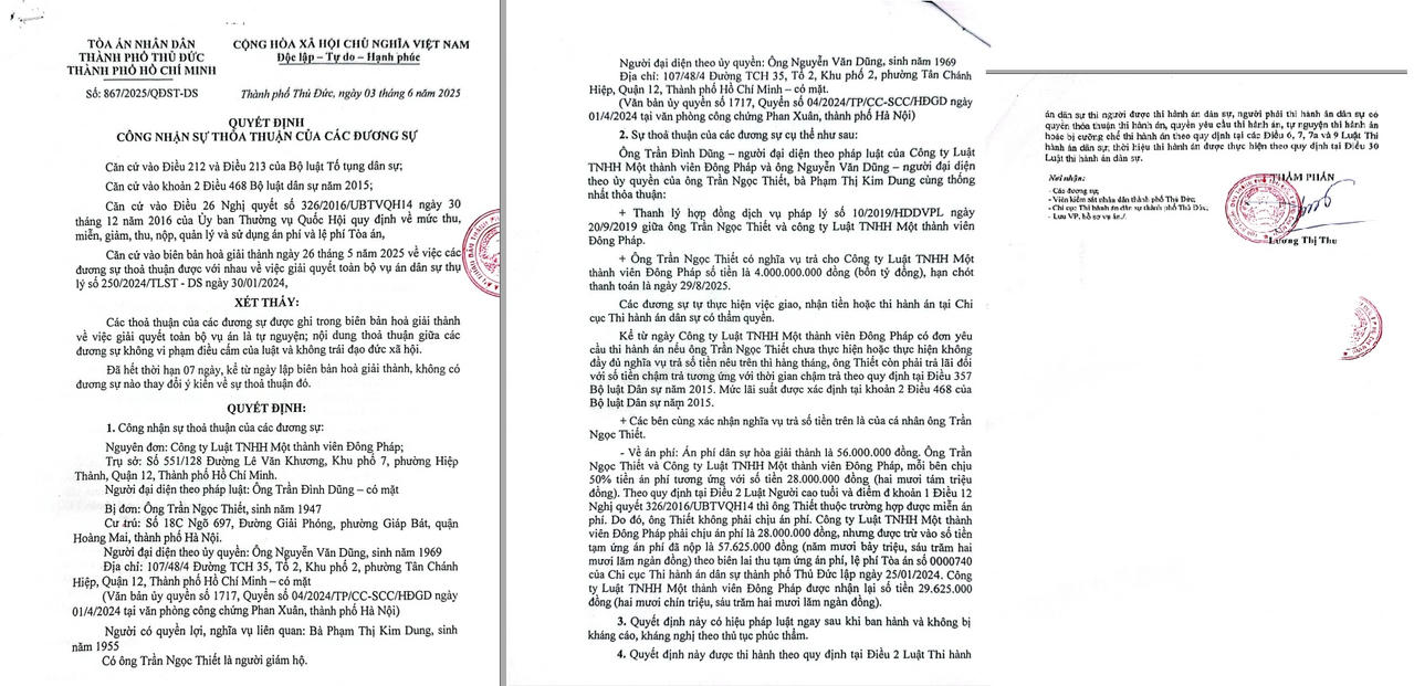 Quyết định số 867/2025/QĐST-DS ngày 03/06/2025 của TAND TP. Thủ Đức&nbsp;(Nay là TAND khu vực 2 TP. Hồ Chí Minh) công nhận sự thỏa thuận của các đương sự