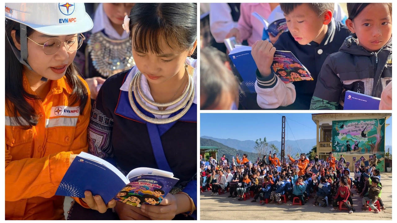 Các tuyên truyền viên phát 130 cuốn truyện “Quả cầu tím”, tuyên truyền tiết kiệm điện, an toàn điện cho các em học sinh