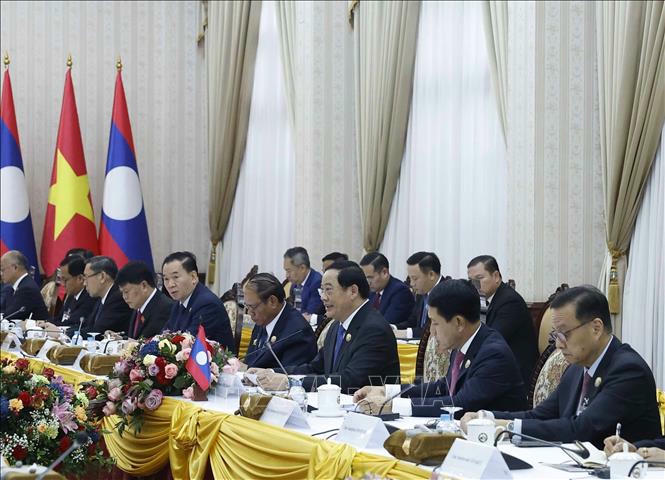 Thủ tướng Lào Sonexay Siphandone phát biểu tại cuộc hội kiến Tổng Bí thư Tô Lâm. Ảnh: Thống Nhất/TTXVN