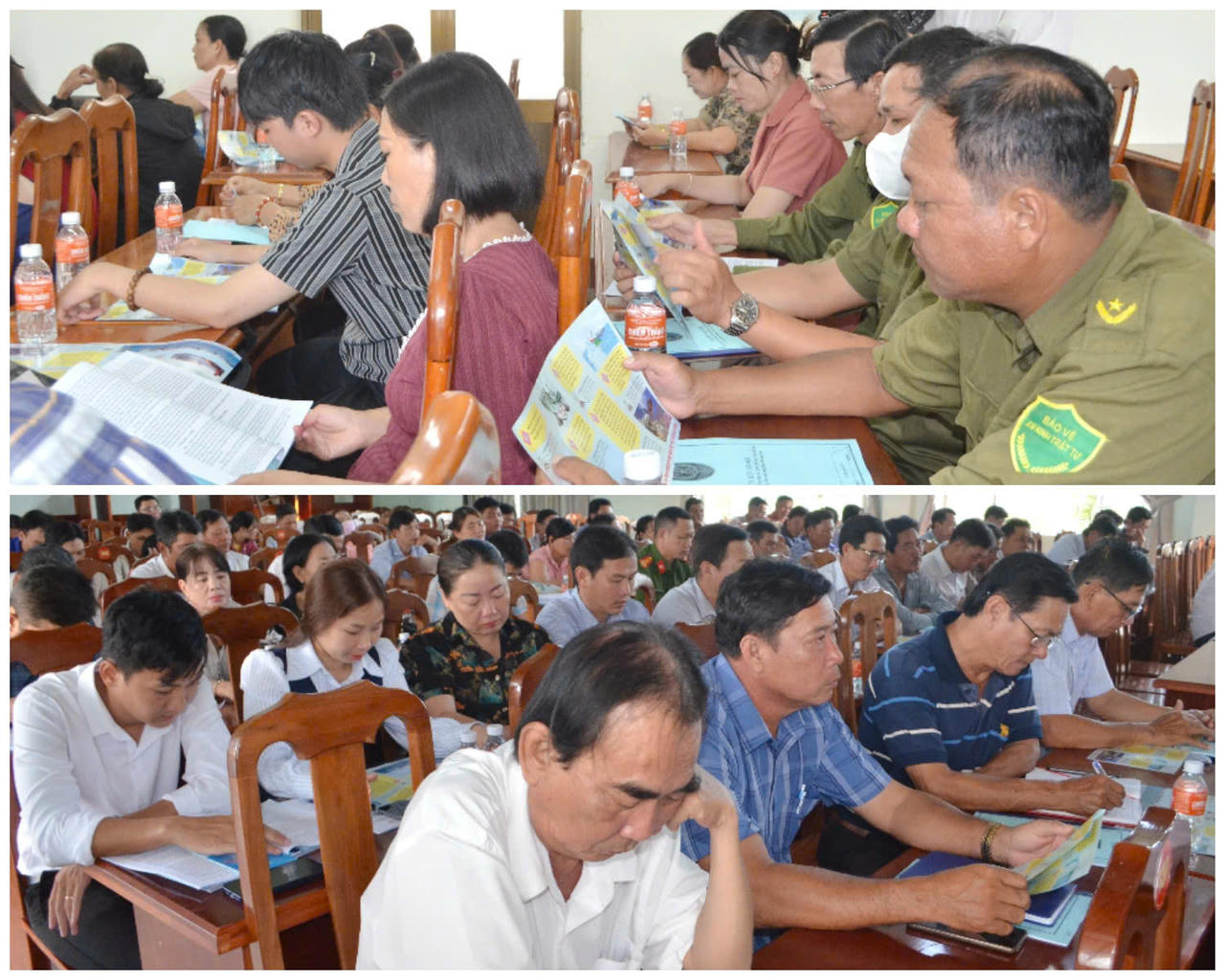 Đại biểu là Trưởng ấp, khóm... nghiên cứu tài liệu tại hội nghị tập huấn đánh giá, công nhận chuẩn tiếp cận pháp luật gắn với xây dựng NTM, NTM nâng cao.