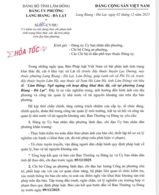 Ban Thường vụ Đảng uỷ phường Langbiang - Đà Lạt chỉ đạo xác minh làm rõ thông tin Báo PLVN phản ánh.