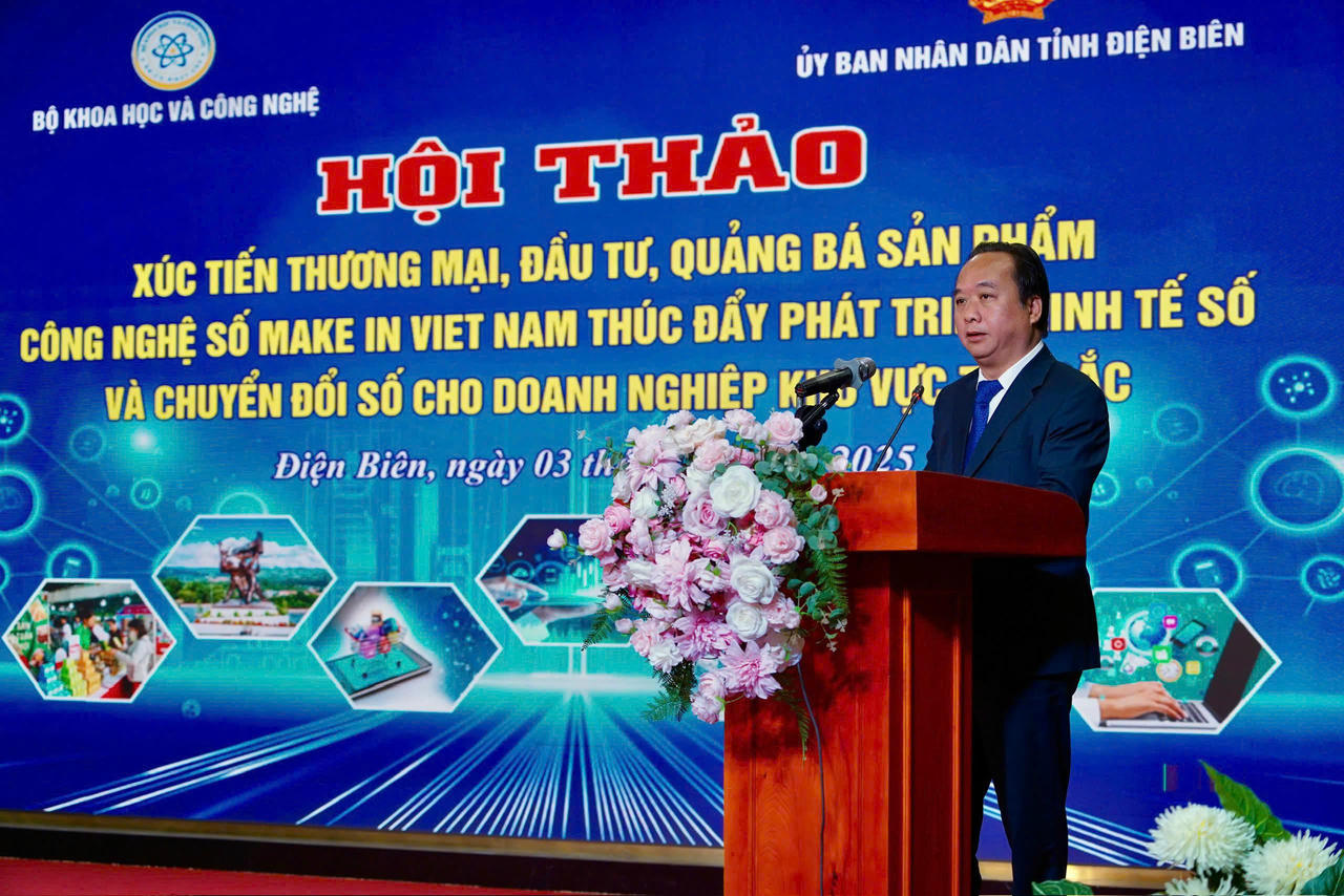 Phó Chủ tịch UBND tỉnh Điện Biên Nguyễn Minh Phú phát biểu tại hội thảo
