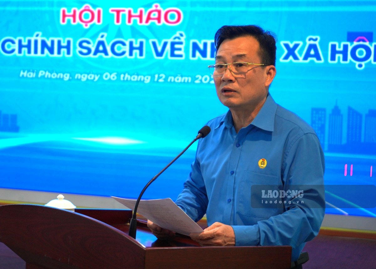 Phó Chủ tịch LĐLĐ TP Hải Phòng Nguyễn Văn Phiệt phát biểu khai mạc hội thảo. Ảnh: Mai Dung
