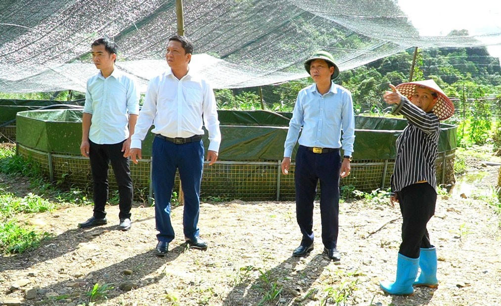 Lãnh đạo xã Thần Sa kiểm tra mô hình nuôi cá tầm.
