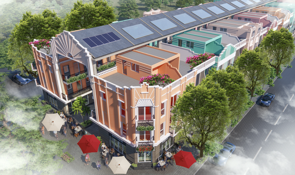 Shophouse hai khối nối bằng mái ngói kết hợp kính, thông gió tự nhiên ban ngày và chiếu sáng bằng năng lượng mặt trời ban đêm, tạo nên phố đi bộ sầm uất 24/7