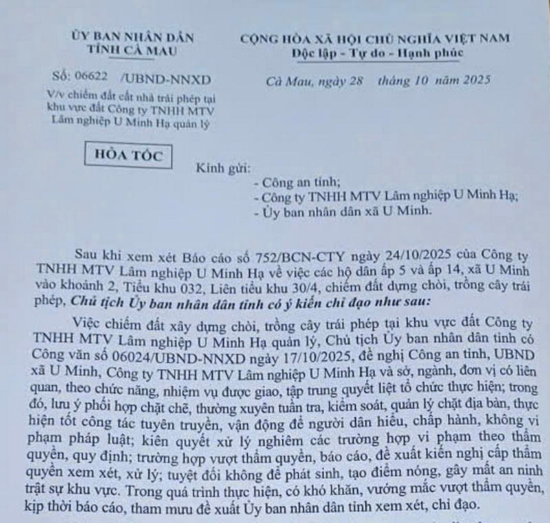 Công văn hỏa tốc của UBND tỉnh Cà Mau về việc chiếm đất cất nhà trái phép tại khu vực đất Công ty TNHH MTV Lâm nghiệp U Minh Hạ (xã U Minh) quản lý.