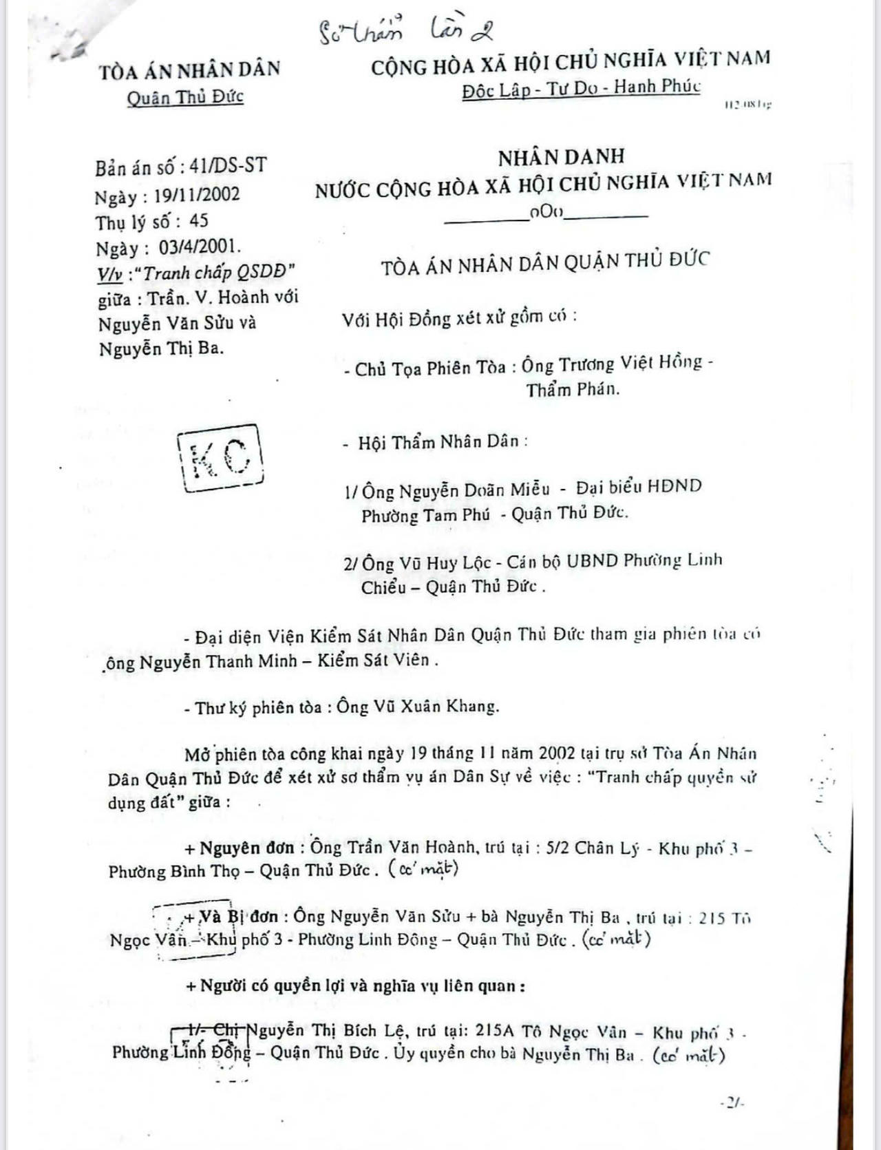 Bản án năm 2002 của TAND Thủ Đức.  
