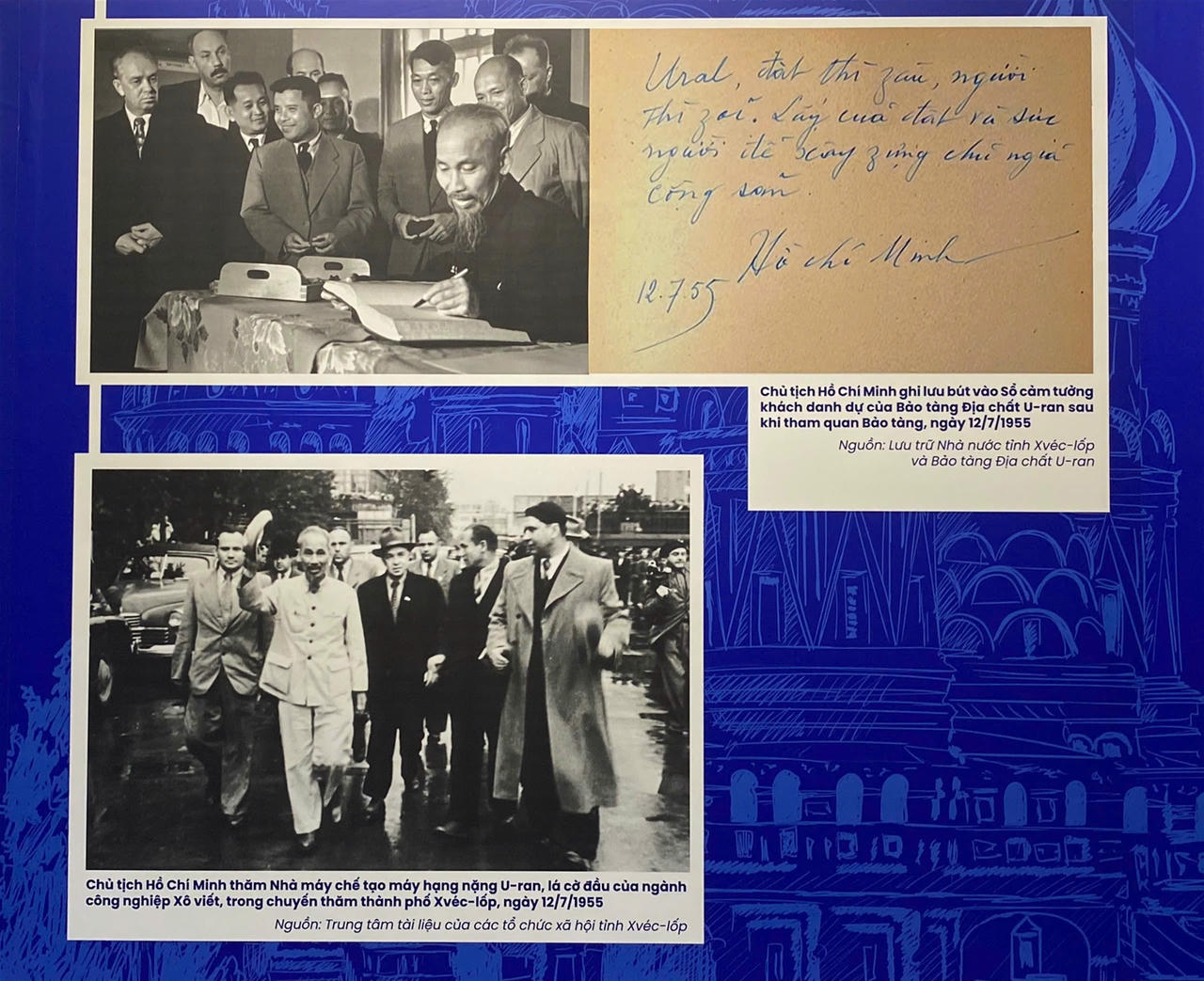 Hình ảnh về chuyến thăm Liên Xô năm 1955 của Chủ tịch Hồ Chí Minh trong Sổ cảm tưởng khách danh dự của Bảo tàng Địa chất Ural, do Lưu trữ Nhà nước tỉnh Xvéclốp và Bảo tàng Địa chất Ural, Liên Bang Nga gửi tặng cho Bảo tàng Hồ Chí Minh tháng 7 năm 2025
