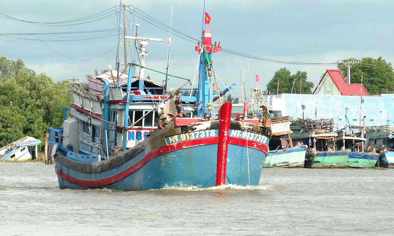 Phương tiện mang biển số đăng ký ngoài tỉnh rời cửa biển Sông Đốc để ra khơi.