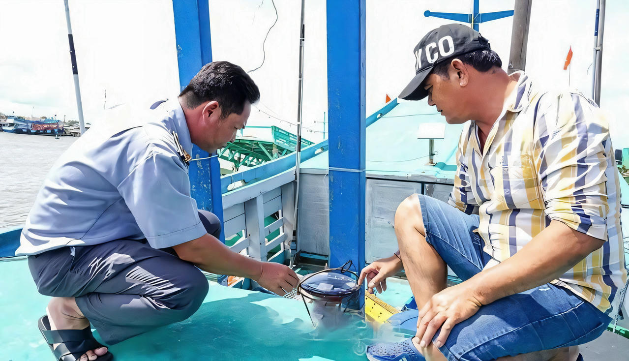 Lực lượng Kiểm ngư Cà Mau kiểm tra thiết bị giám sát hành trình trên tàu cá (Ảnh: H.P).