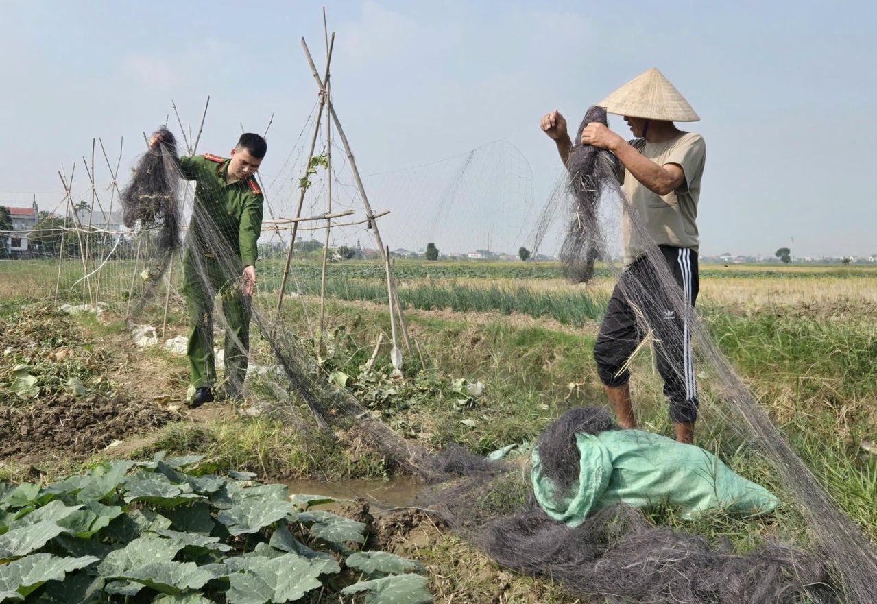 Công an xã phối hợp tổ công tác thôn vận động người dân tự giác giao nộp lưới và loa điện bẫy chim.
