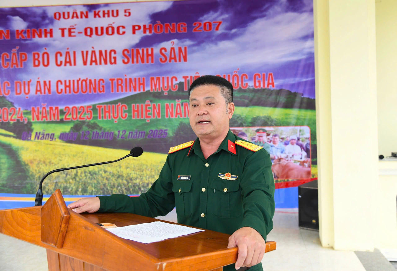 Thượng tá Hoàng Thanh Hải - Phó Đoàn trưởng Đoàn KT-QP 207 phát biểu tại buổi lễ bàn giao.