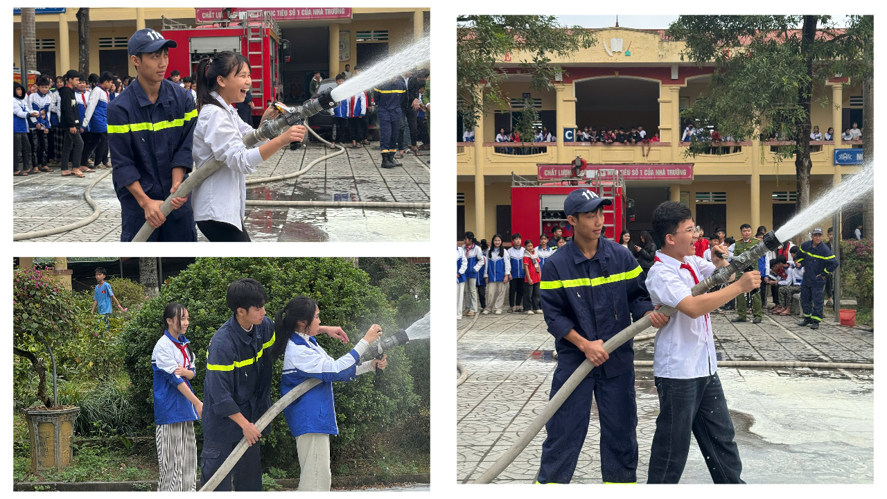 Học sinh được trải nghiệm chữa cháy bằng lăng vòi. (Ảnh: Hoàng Tùng)