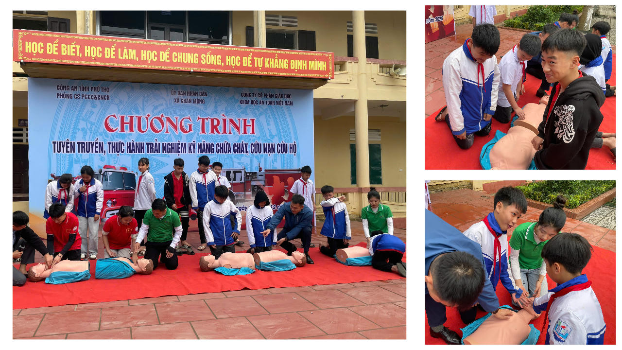 Học sinh được hướng dẫn sơ cấp cứu ban đầu với người bị tai nạn thương tích. (Ảnh: Hoàng Tùng)