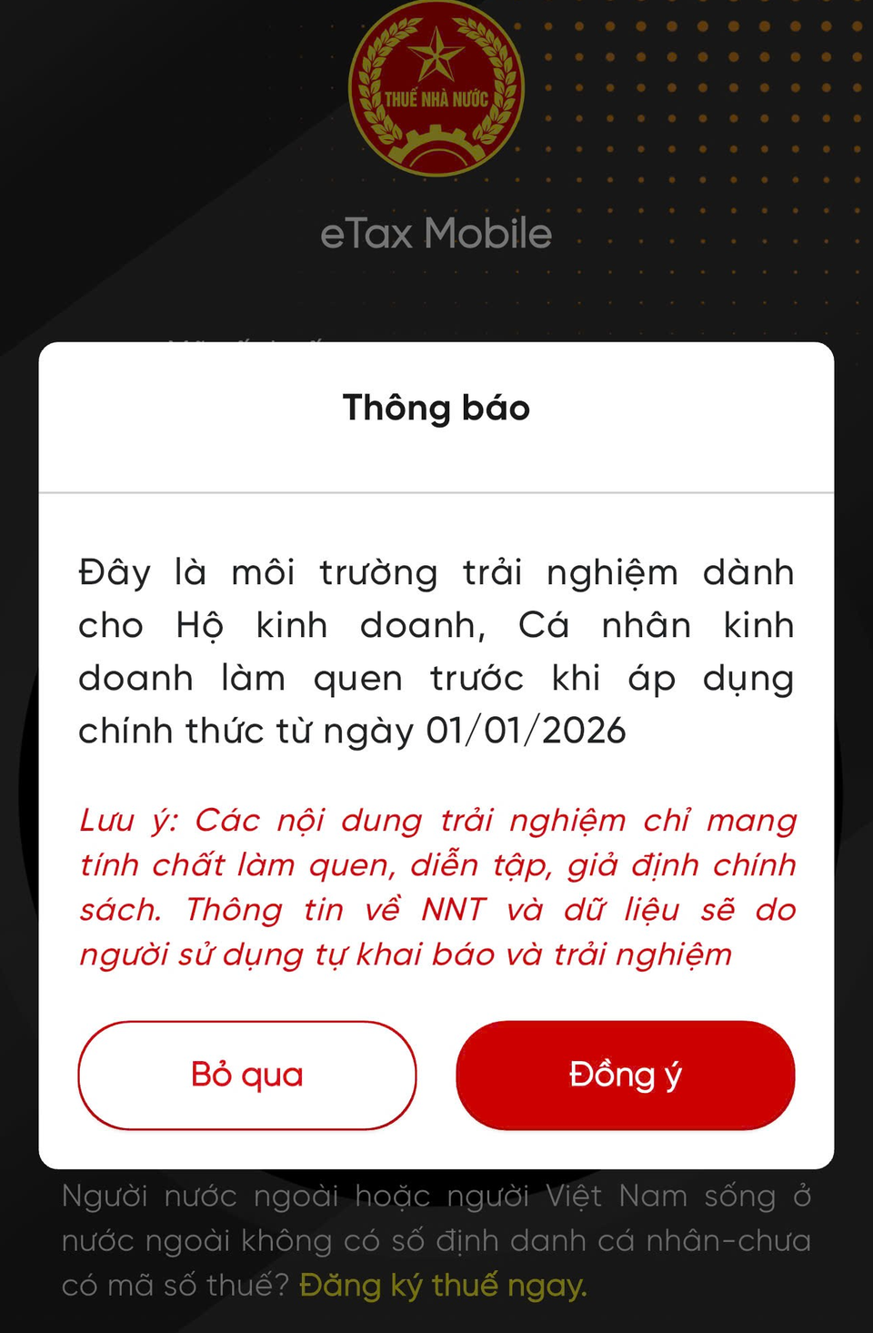 Để tham gia trải nghiệm, hộ kinh doanh cần đăng ký tài khoản trên app eTax Mobile.