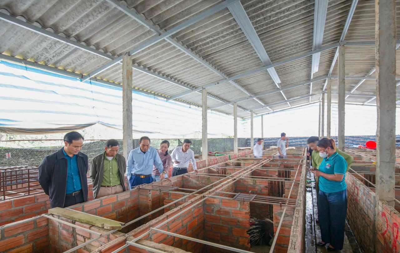 Các đại biểu trong đoàn tham quan mô hình nuôi nhím thương phẩm tại xã Nghĩa Tâm.