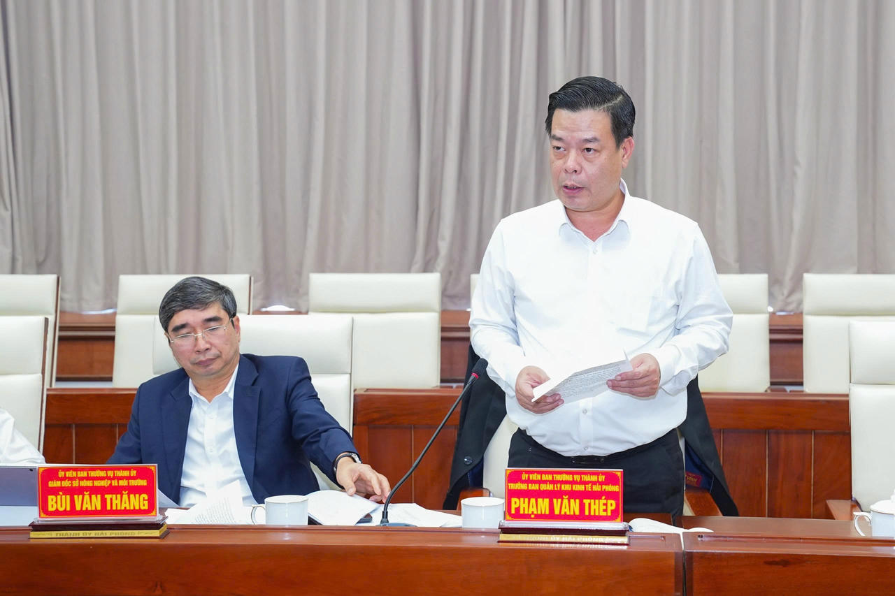 Trưởng Ban Quản lý Khu kinh tế Hải Phòng Phạm Văn Thép phát biểu tại cuộc họp.