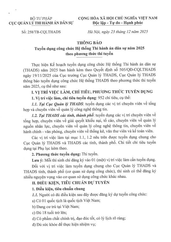 Cục Quản lý THADS thông báo tuyển dụng công chức Hệ thống THADS năm 2025 theo phương thức thi tuyển