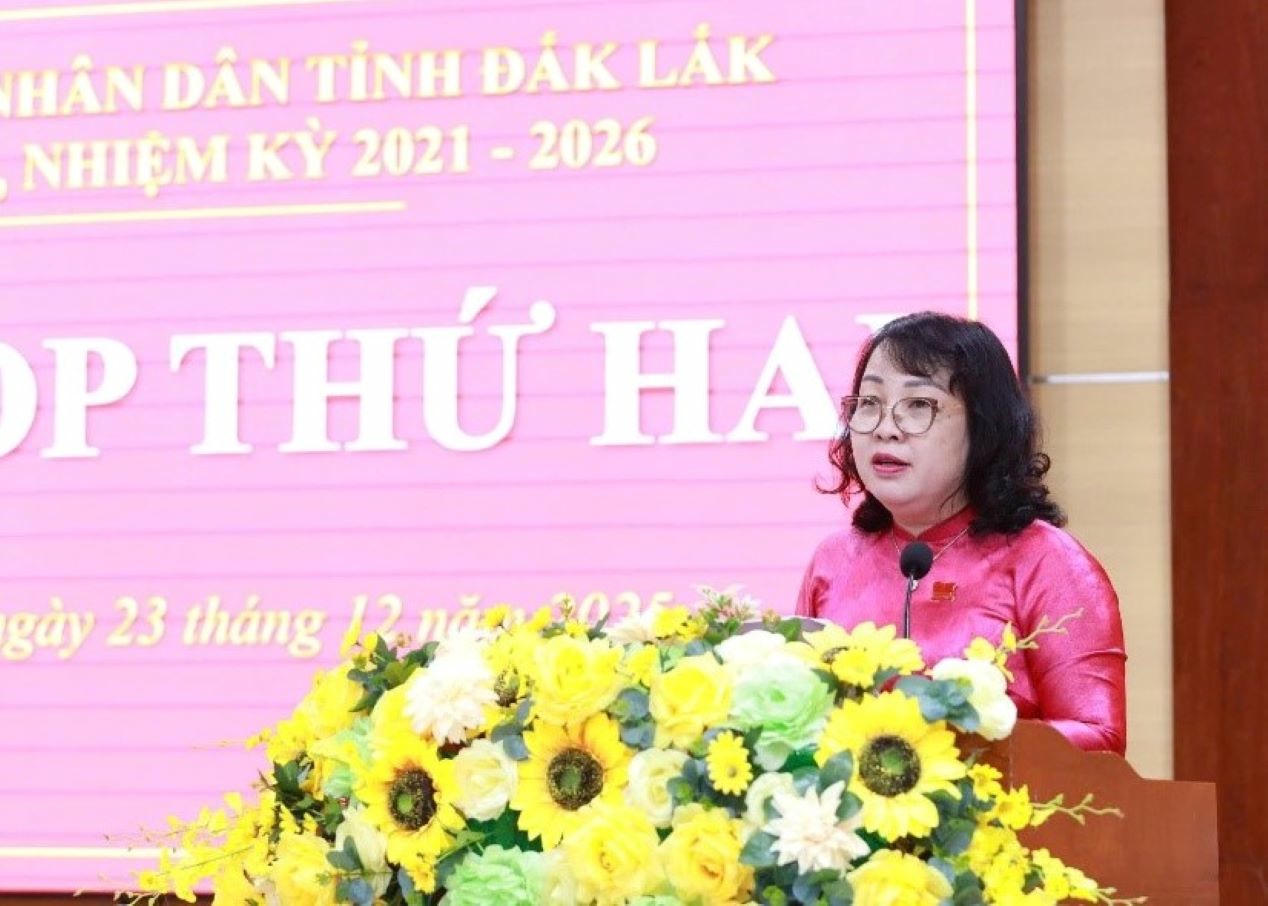 Bà Cao Thị Hòa An - Phó Bí thư Thường trực Tỉnh ủy, Chủ tịch HĐND tỉnh Đắk Lắk phát biểu.