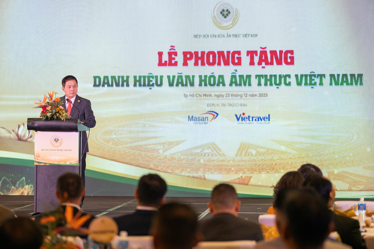 Ông Nguyễn Quốc Kỳ - Chủ tịch Hiệp hội Văn hóa Ẩm thực Việt Nam phát biểu tại sự kiện.