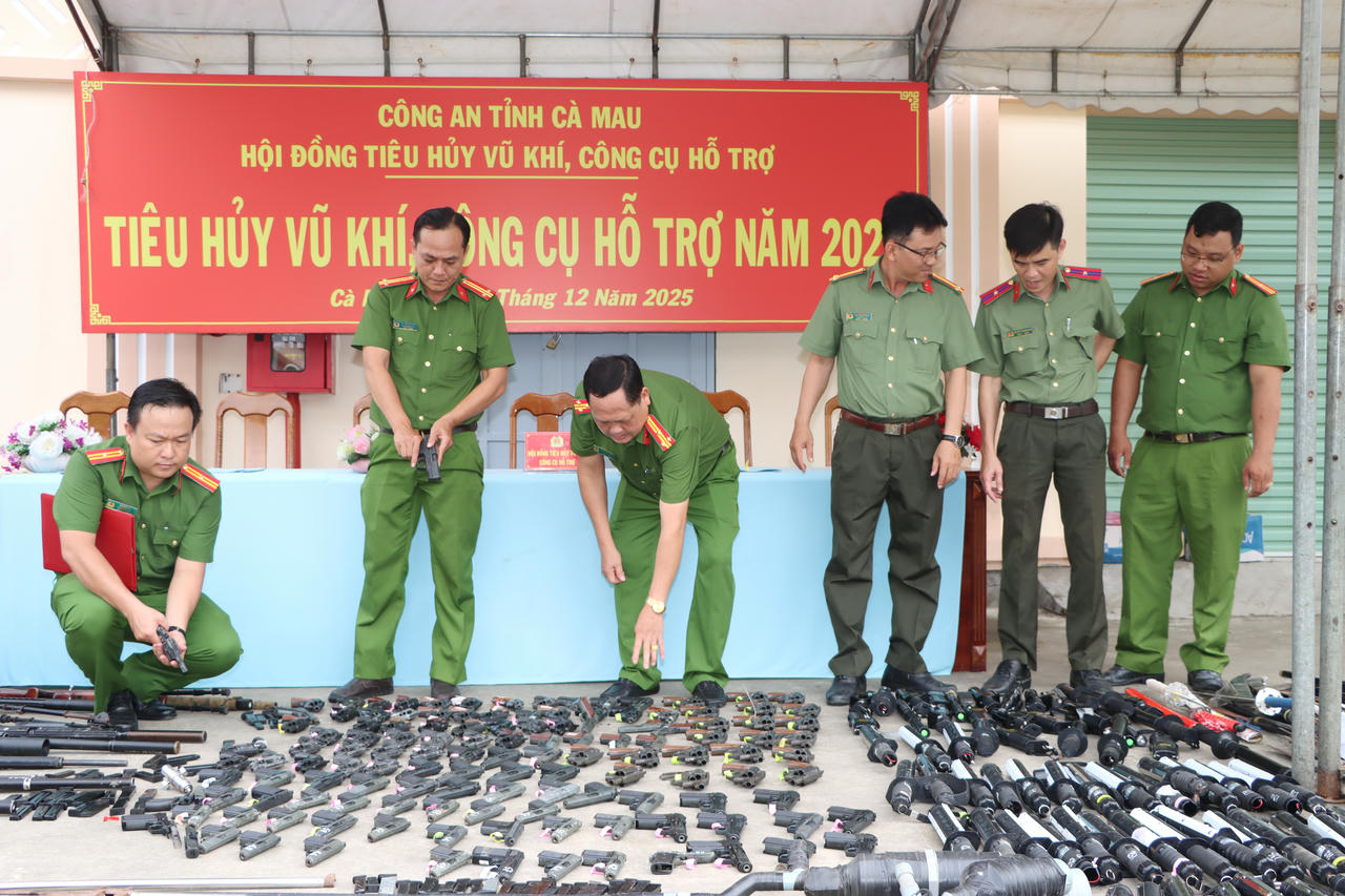 Hội đồng tiêu hủy tiến hành kiểm tra, phân loại vũ khí, công cụ hỗ trợ trước khi tiêu hủy theo quy định.