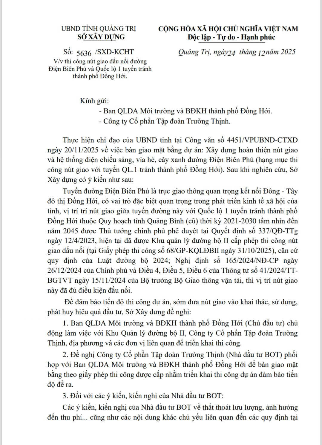 Văn bản trả lời của Sở Xây dựng Quảng Trị khẳng định, nút giao này đã đủ điều kiện đấu nối.. 
