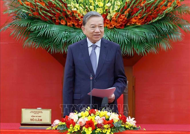 Tổng Bí thư Tô Lâm phát biểu tại buổi gặp mặt học sinh, sinh viên, thanh niên dân tộc thiểu số xuất sắc, tiêu biểu. Ảnh: Thống Nhất/TTXVN