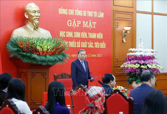 Tổng Bí thư Tô Lâm phát biểu tại buổi gặp mặt học sinh, sinh viên, thanh niên dân tộc thiểu số xuất sắc, tiêu biểu. Ảnh: Thống Nhất/TTXVN
