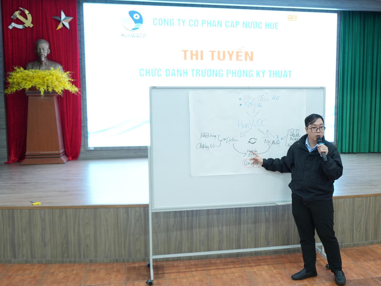 Ứng viên Lê Bá Quang Anh tự tin trình bày đề án của mình; qua đó cho thấy đội ngũ cán bộ kế cận của HueWACO được đào tạo bài bản, có kinh nghiệm thực tiễn vững vàng.