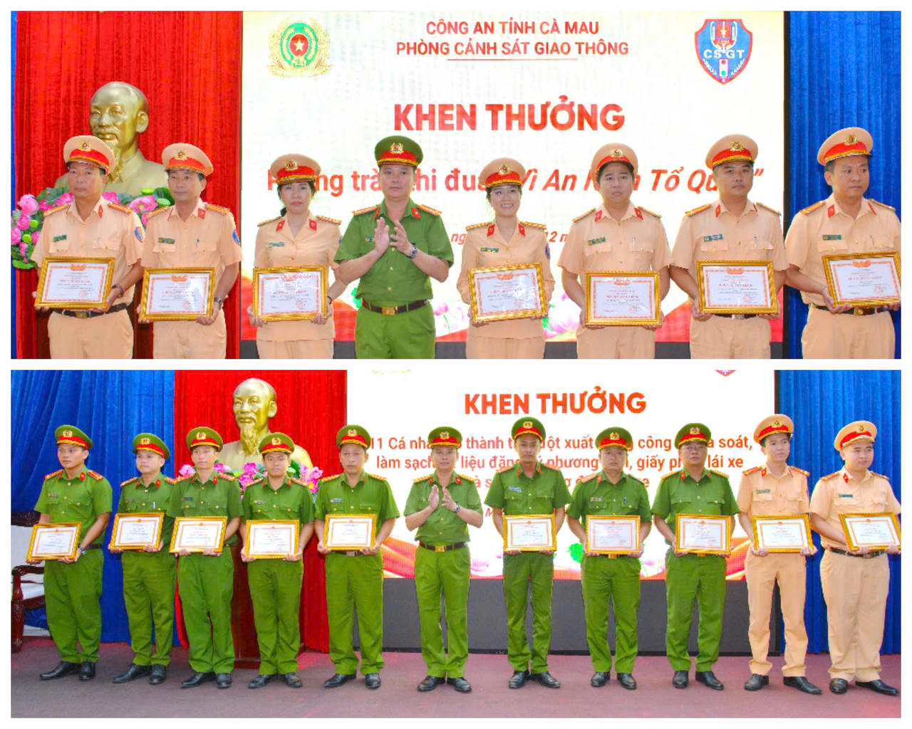 Đại tá Trần Văn Thi - Ủy viên Ban Thường vụ Đảng ủy, Phó Giám đốc Công an tỉnh Cà Mau, trao danh hiệu “Đơn vị Quyết thắng” cho tập thể tiêu biểu trong phong trào thi đua “Vì an ninh Tổ quốc” năm 2025 và trao Giấy khen cho 11 cá nhân có thành tích xuất sắc trong công tác rà soát, làm sạch dữ liệu đăng ký phương tiện, giấy phép lái xe và số hóa hồ sơ đăng ký xe.