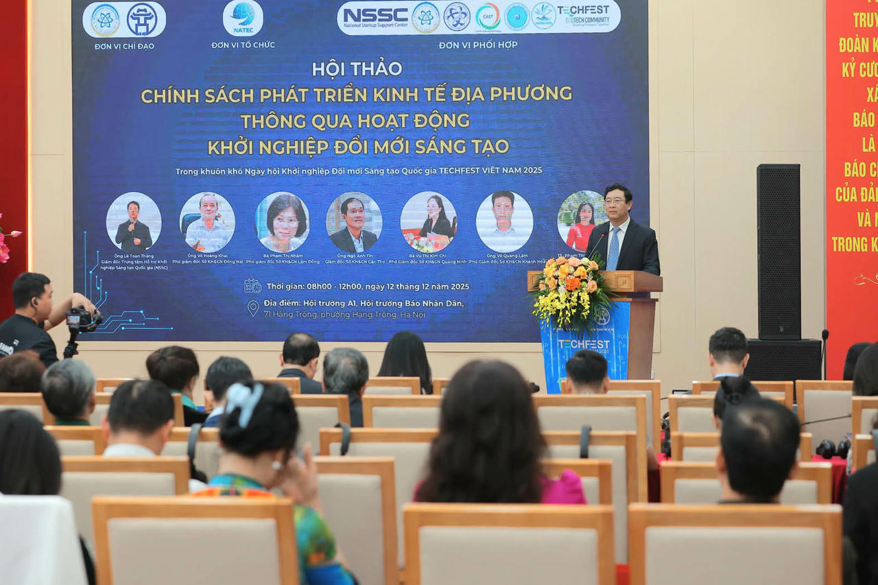 Hội thảo “Chính sách phát triển kinh tế địa phương thông qua hoạt động khởi nghiệp đổi mới sáng tạo”. (Nguồn: Techfest 2025)