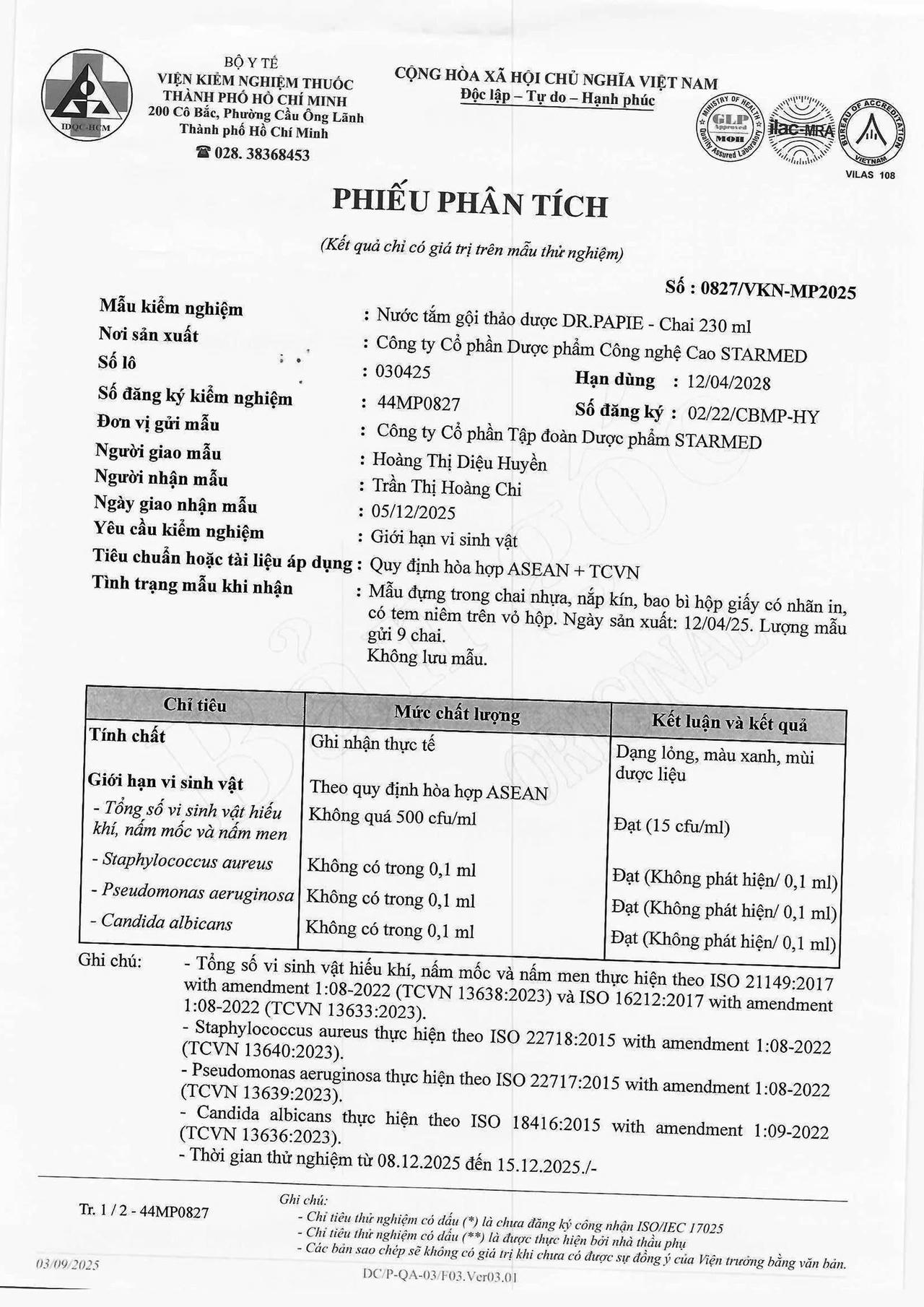 Thông tin về việc thu đổi lô 030425 Nước tắm gội thảo dược Dr.Papie do lệch ren nắp chai
