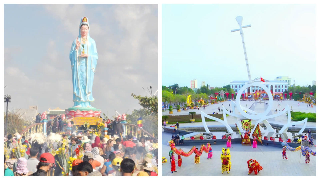 Du khách tham quan Quán Âm Phật đài (phường Hiệp Thành) và Quảng trường Hùng Vương (phường Bạc Liêu) – không gian văn hóa, tâm linh và sinh hoạt cộng đồng đặc trưng của Cà Mau.