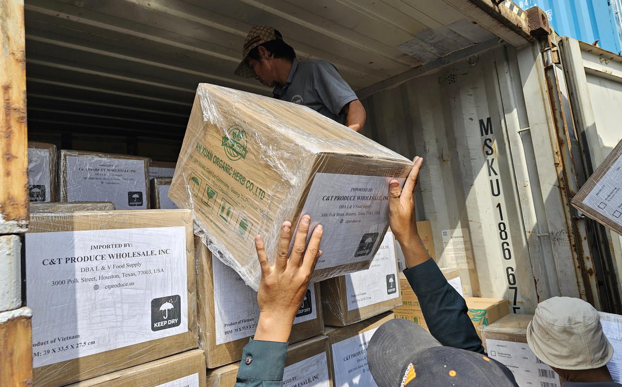 Công nhân đưa các sản phẩm của Công ty An Xuân lên container tại TP.HCM để xuất khẩu sang Mỹ.