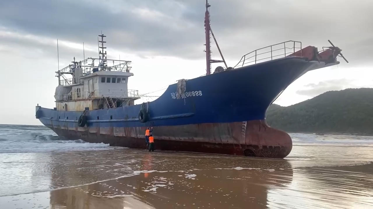 Tàu Quỳnh Đam Ngư 08888 mắc cạn trên bãi biển Quảng Ngãi.&nbsp;. 