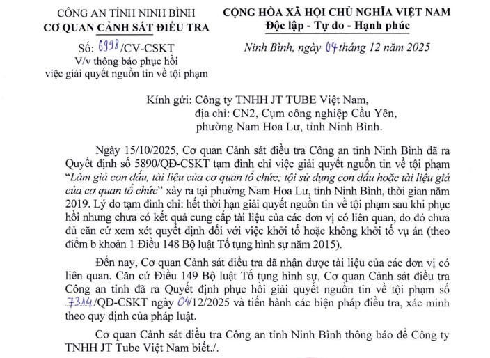 Sự việc liên quan xây dựng nhà máy JT Tube Việt nam: Công an Ninh Bình đã phục hồi giải quyết nguồn tin về tội phạm