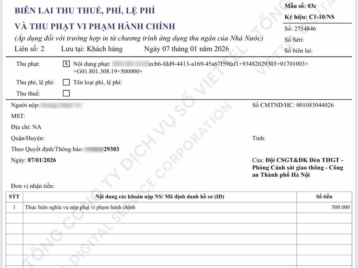 Hình ảnh biên lai xử phạt.