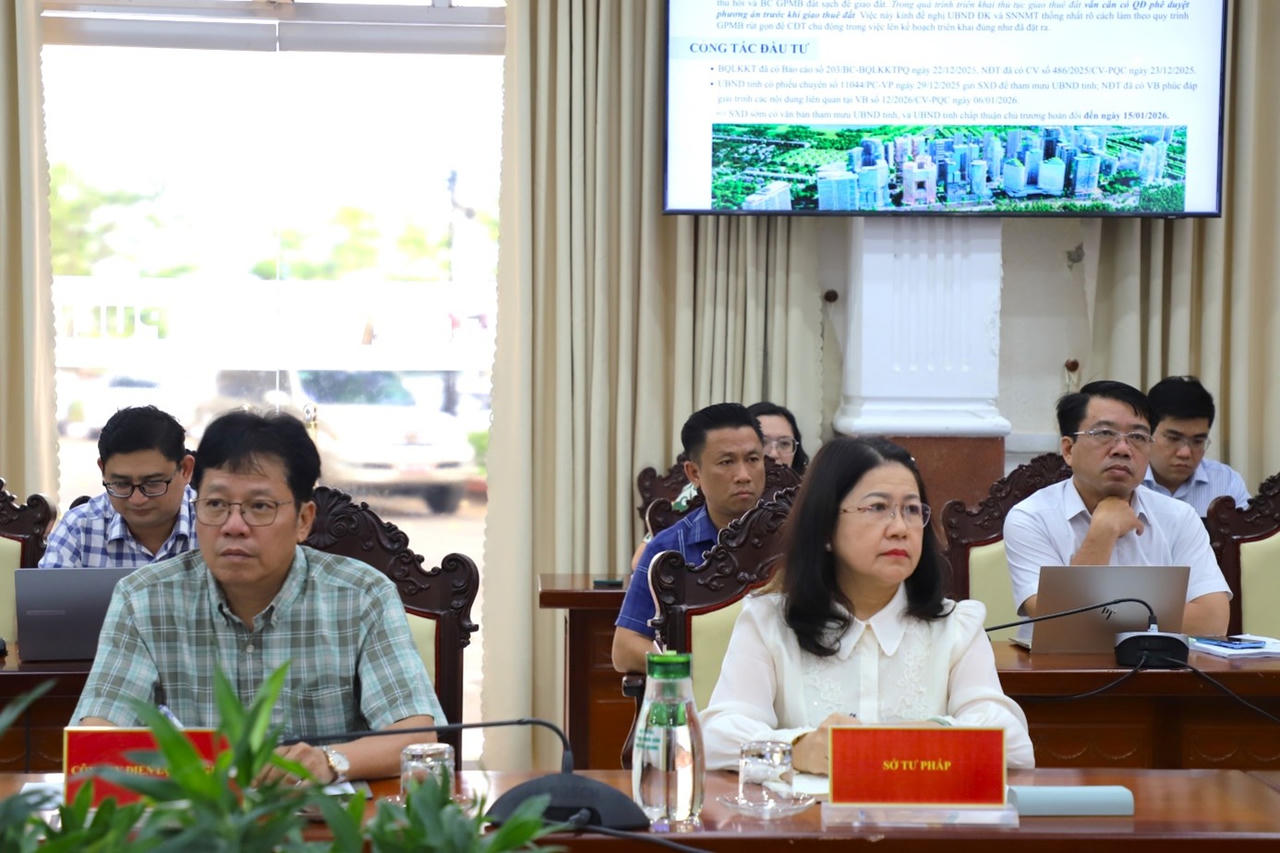 Lãnh đạo các sở, ban, ngành tham dự cuộc họp.