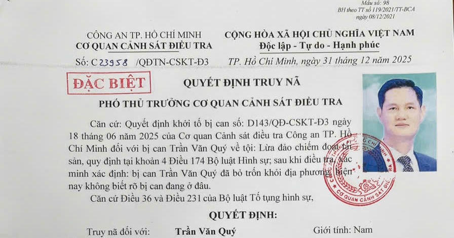 Truy nã đặc biệt bị can Trần Văn Quý về tội 'Lừa đảo chiếm đoạt tài sản'