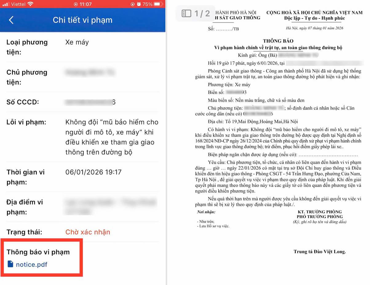 Hình ảnh minh hoạ về thông báo vi phạm trên iHanoi gửi đến chủ phương tiện.