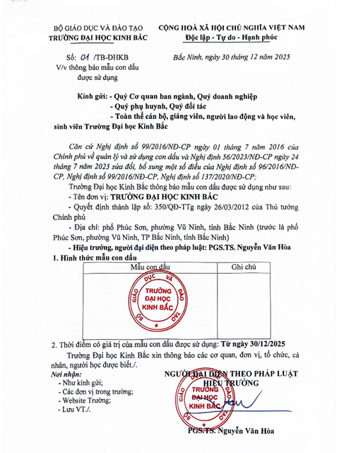 Thông báo mẫu con dấu được sử dụng của trường Đại học Kinh Bắc.